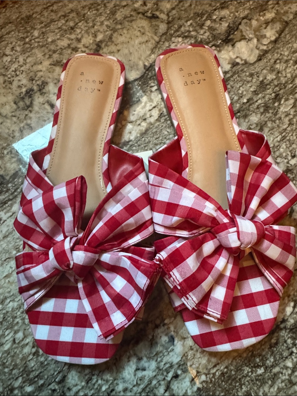 a new day Red Gingham Bow Slide Mules NWT 7 1/2